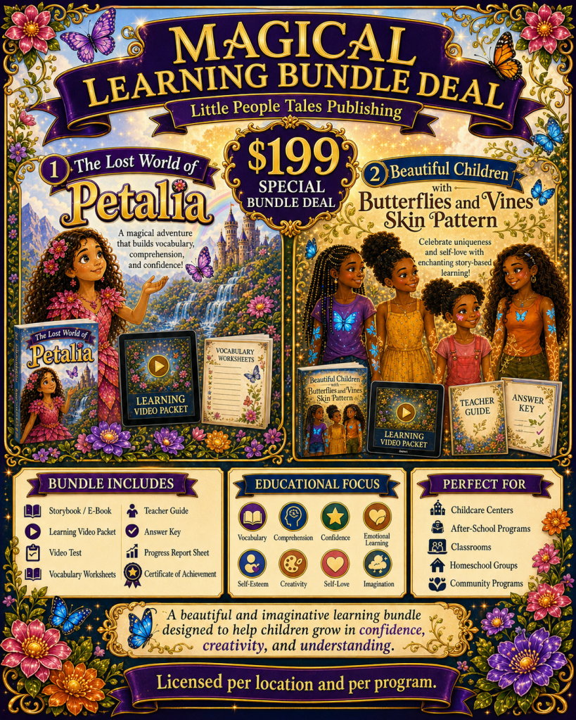 Magical Learning Bundle Deal promotional image featuring two main products: 'The Lost World of Petalia' and 'Beautiful Children with Butterflies and Vines Skin Pattern'.