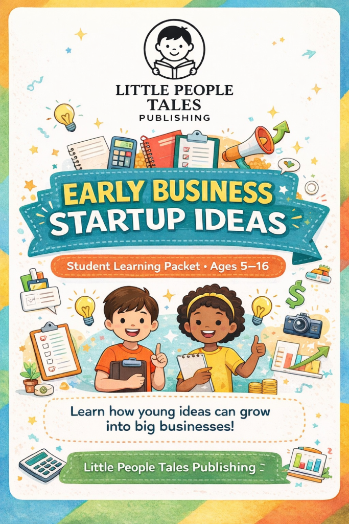 Cover of 'Early Business Startup Ideas' student learning packet by Little People Tales Publishing, featuring two children, a boy and a girl, surrounded by business-related illustrations like light bulbs, notebooks, and money symbols.