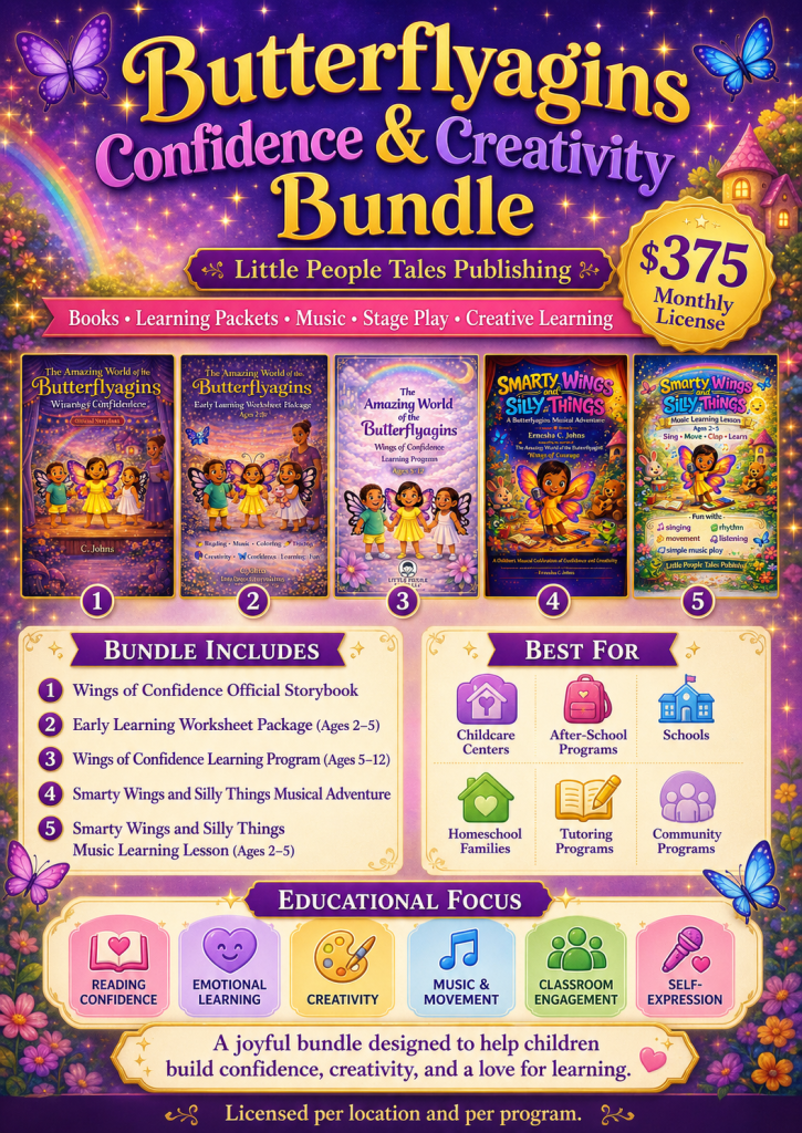 Promotional image for the Butterflyagins Confidence & Creativity Bundle by Little People Tales Publishing, featuring colorful graphics and playful design.
