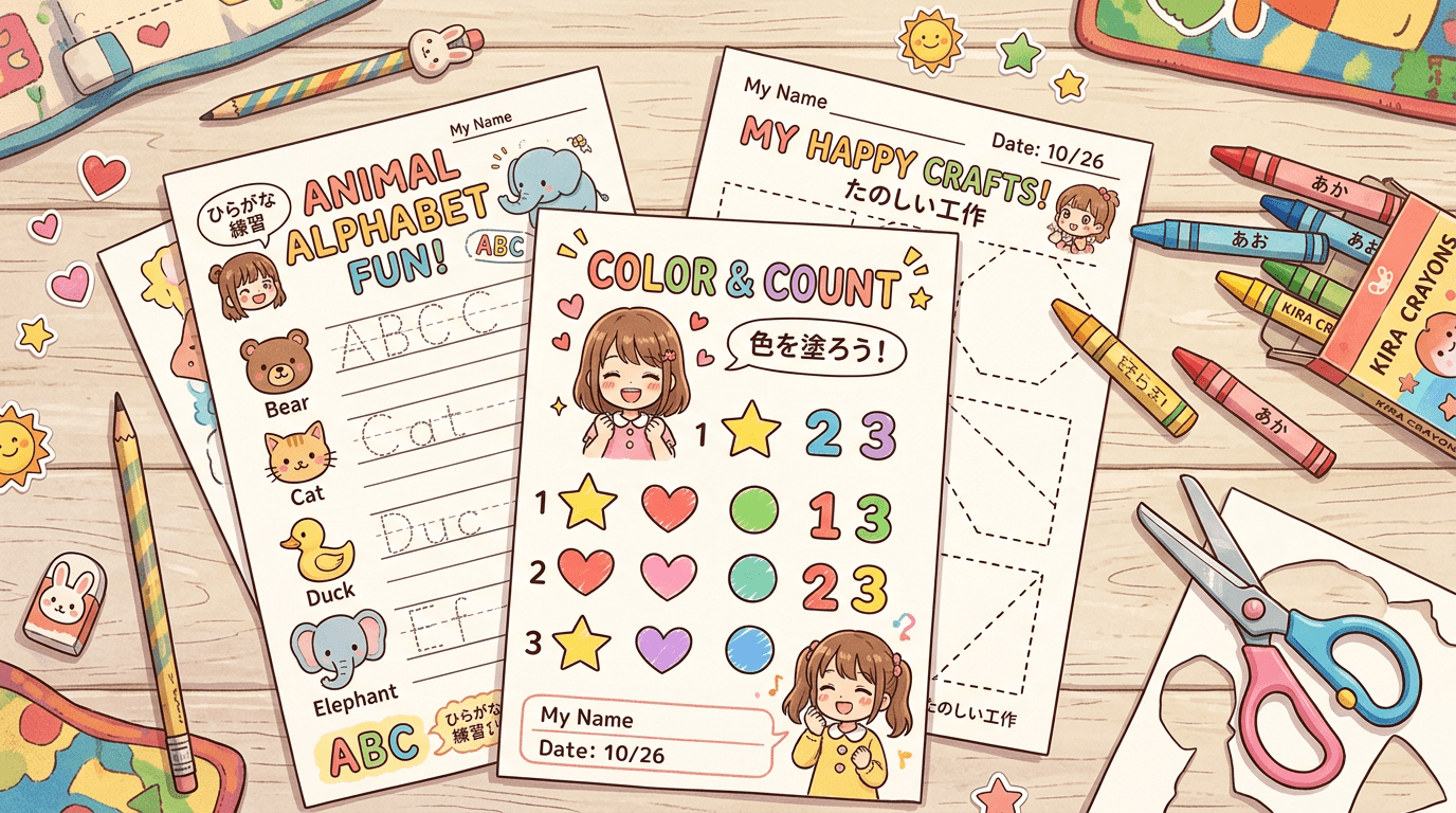 Children's educational worksheets with coloring, alphabet, and craft activities alongside crayons and scissors on a wooden surface