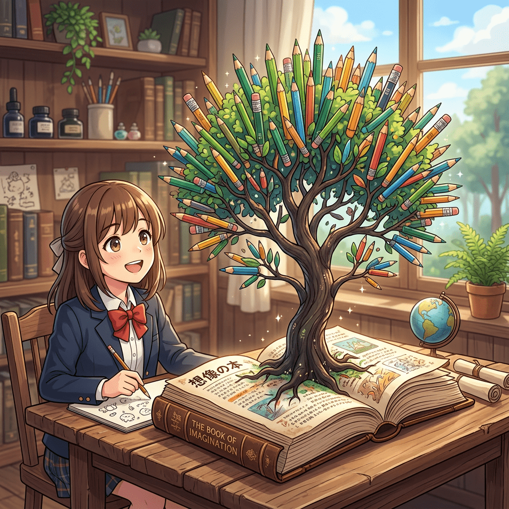 Girl drawing next to an open book with a magical pencil tree emerging