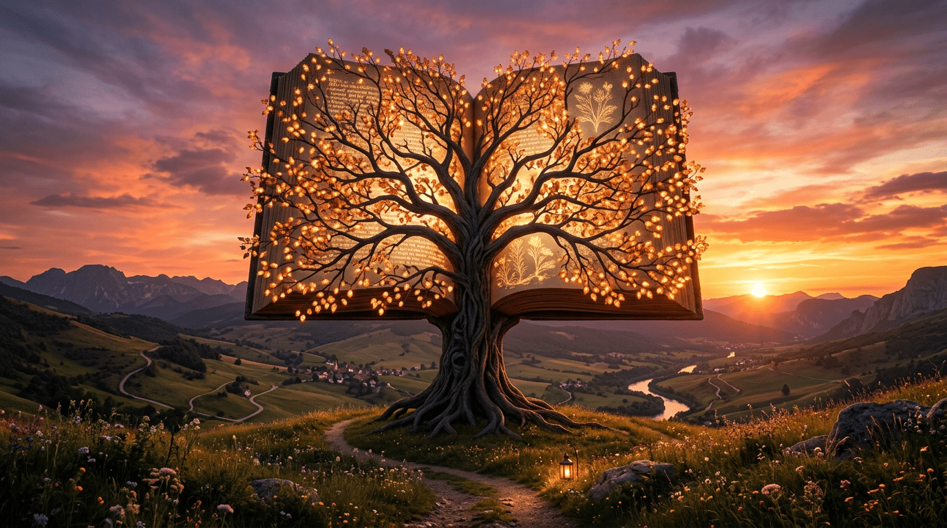 A tree with open book pages as branches glowing with warm lights in a sunset valley