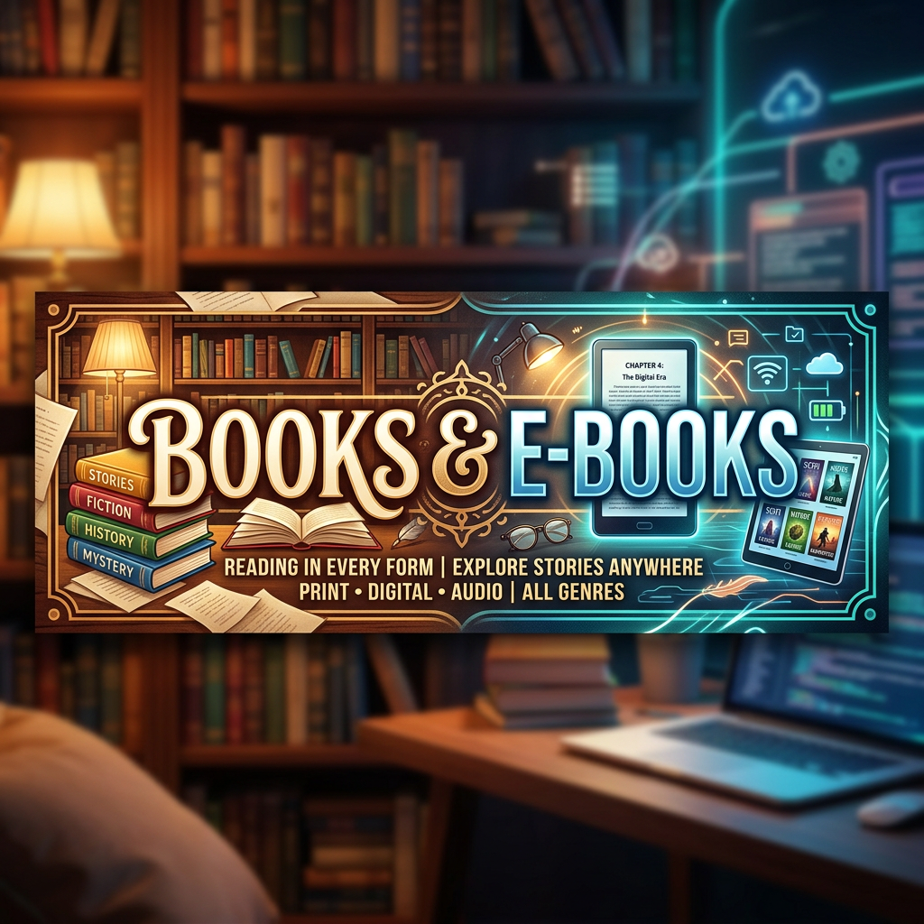 Books and eBooks offering print, digital, and audio reading across various genres