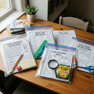 Zipper bags containing grade 2 and 3 educational packets with pencils, crayons, scissors, and a magnifying glass