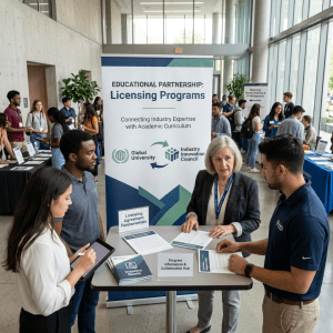 Educational partnership booth with people discussing licensing programs and industry collaboration
