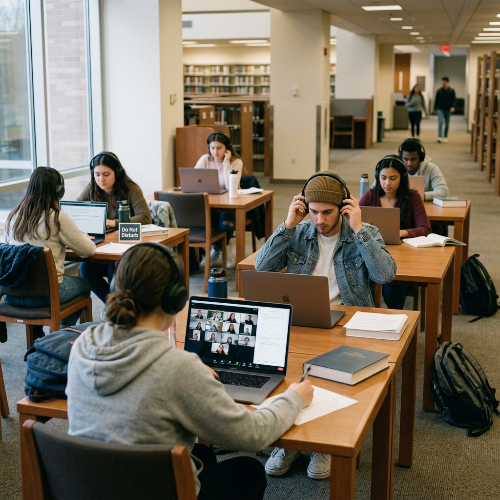 Students taking online video test on laptop