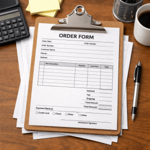 Blank order form on clipboard with calculator, pen, sticky notes, and coffee cup