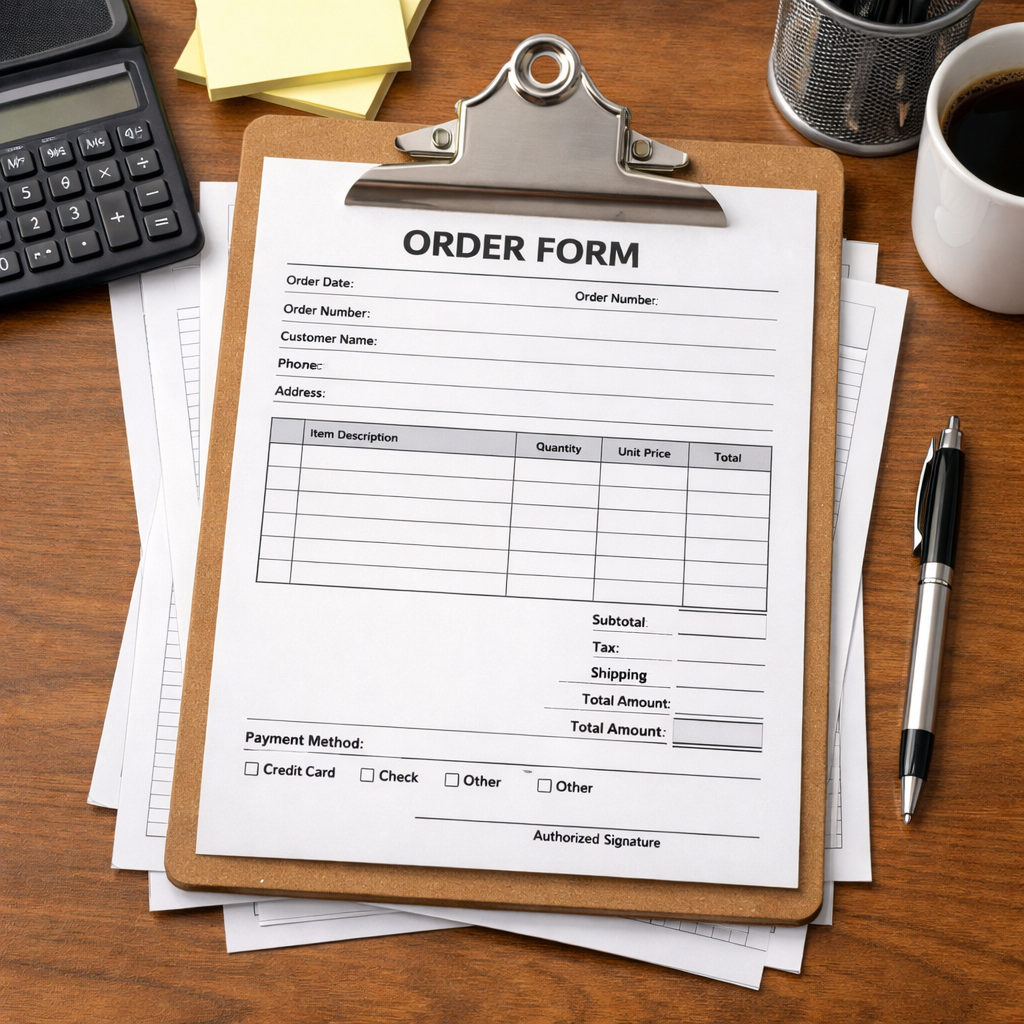 Blank order form on clipboard with calculator, pen, sticky notes, and coffee cup