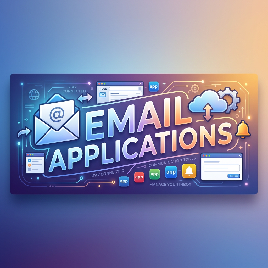 Graphic with text 'EMAIL APPLICATIONS' surrounded by email, cloud, gear, and notification icons