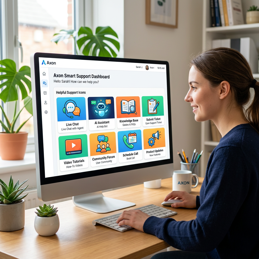 Axon Smart Support Dashboard showing support options like live chat, AI assistant, knowledge base, and ticket submission.