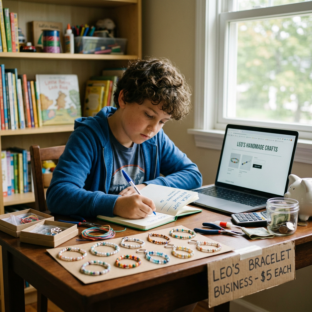 Boy writing in notebook at table with handmade bracelets and laptop showing craft website