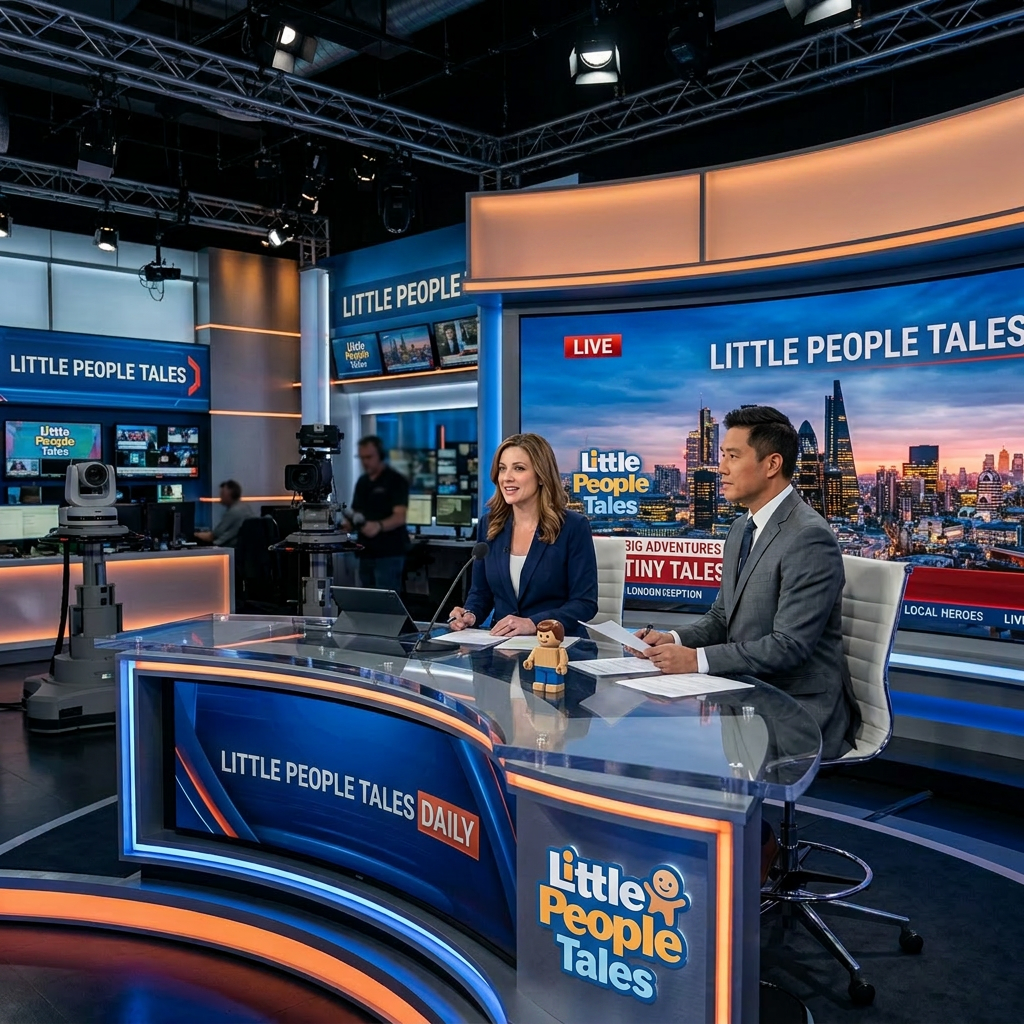 Two news anchors at a curved desk in a modern news studio with screens and cameras