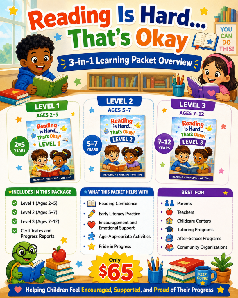 Colorful educational overview for a 3-in-1 learning packet titled 'Reading Is Hard... That's Okay', featuring levels for different age groups and related benefits.
